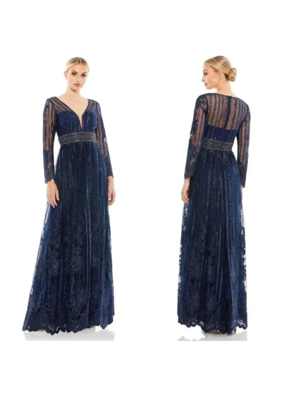 Mac Duggal Long Sleeve Floral Illusion Beaded Gown Sz 6